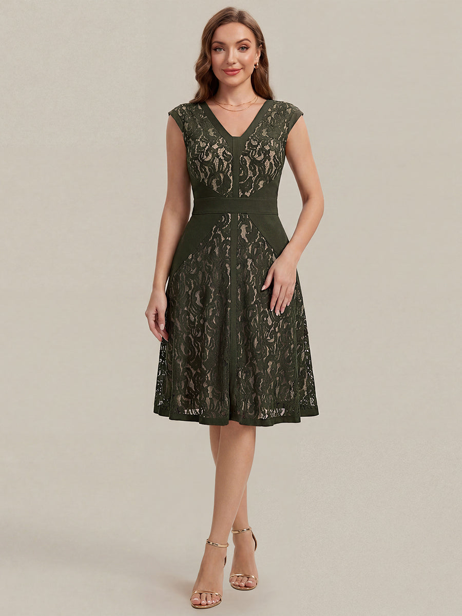 Robe midi évasée à manches courtes en V avec détails en patchwork transparent et haute élasticité #Couleur_Vert Olive