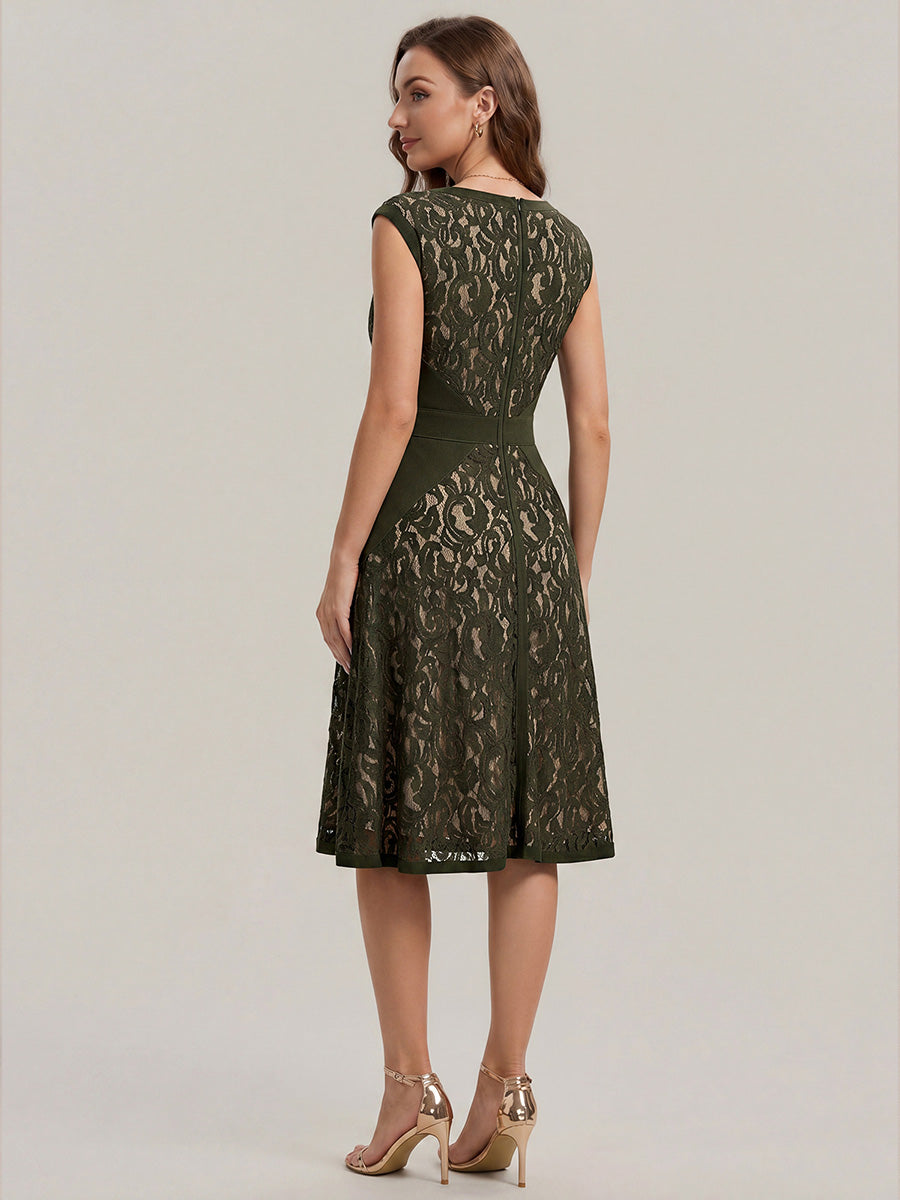 Robe midi évasée à manches courtes en V avec détails en patchwork transparent et haute élasticité #Couleur_Vert Olive