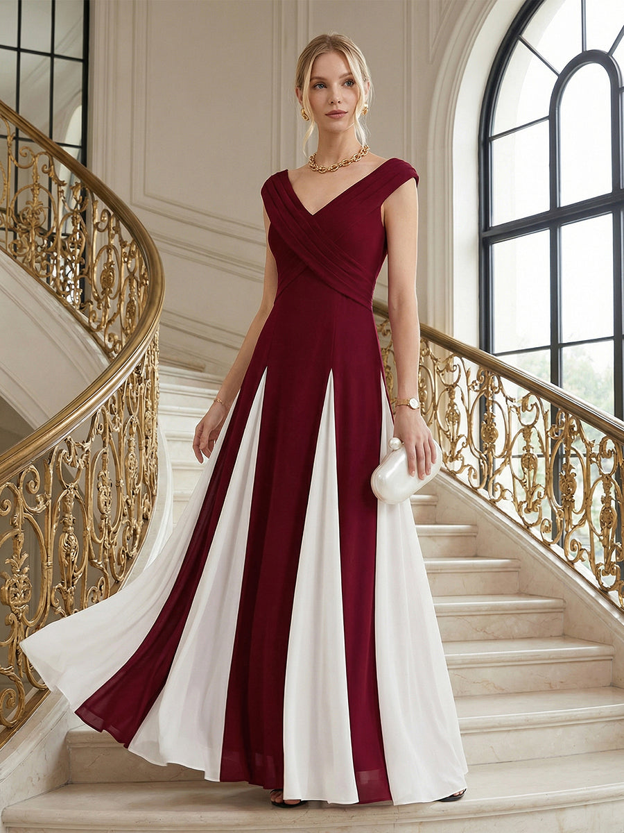 Robe longue à encolure en V à manches courtes avec détails froncés en patchwork #Couleur_Rouge Foncé