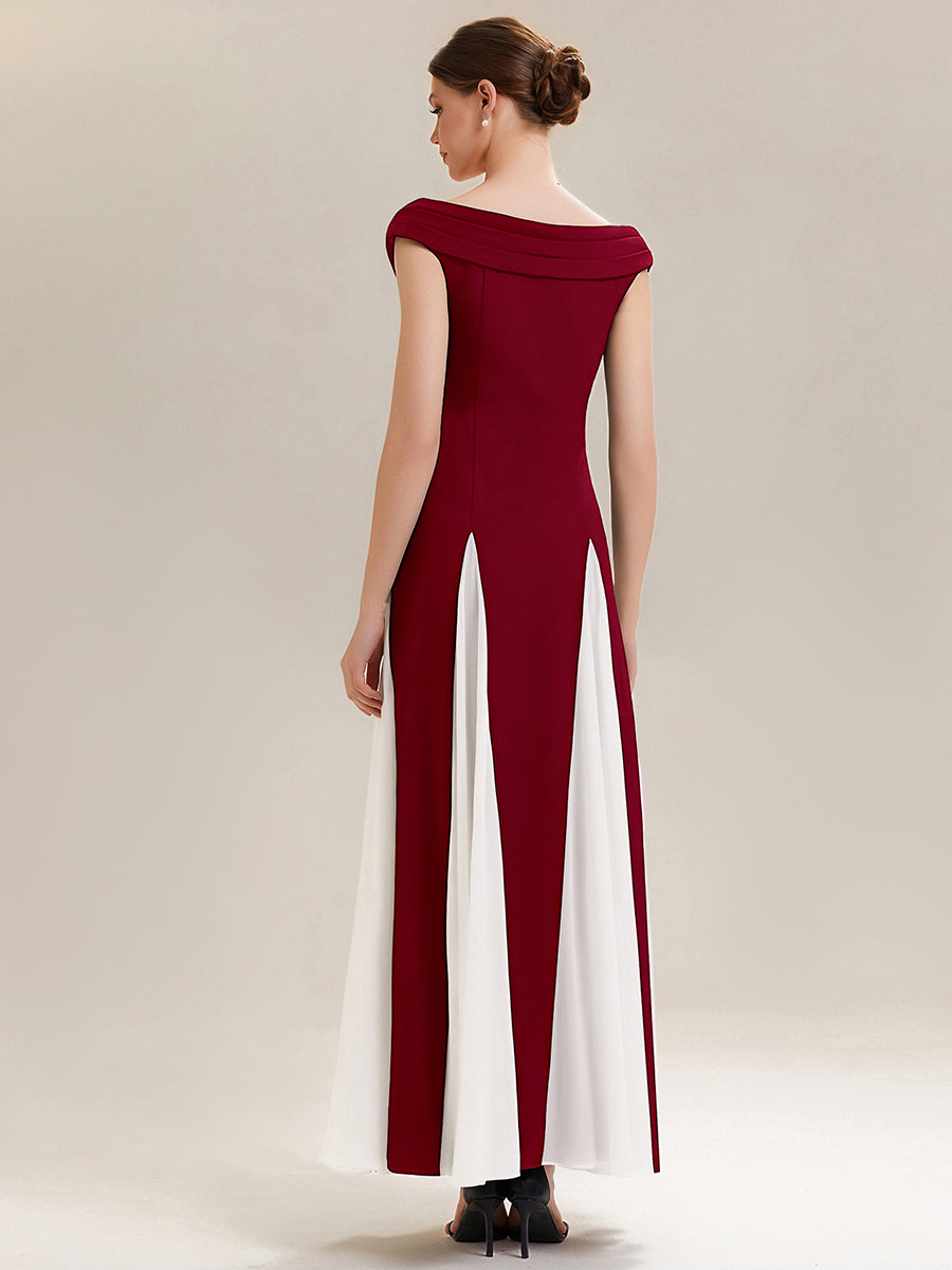 Robe longue à encolure en V à manches courtes avec détails froncés en patchwork #Couleur_Rouge Foncé