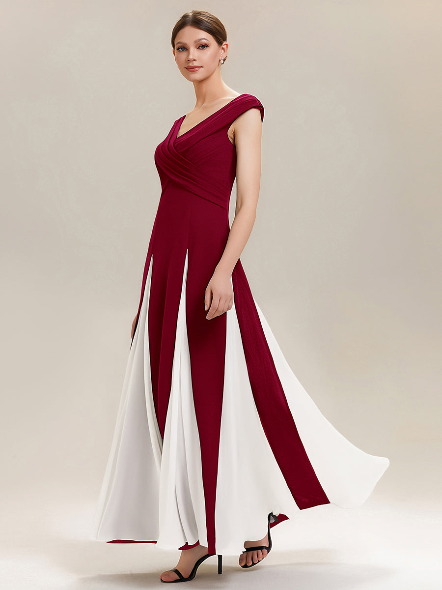 Robe longue à encolure en V à manches courtes avec détails froncés en patchwork #Couleur_Rouge Foncé