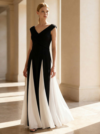 ever ONYX|Robe longue à encolure en V à manches courtes avec détails froncés en patchwork