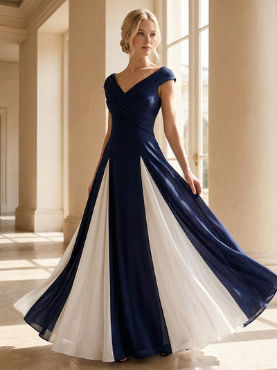 ever ONYX|Robe longue à encolure en V à manches courtes avec détails froncés en patchwork