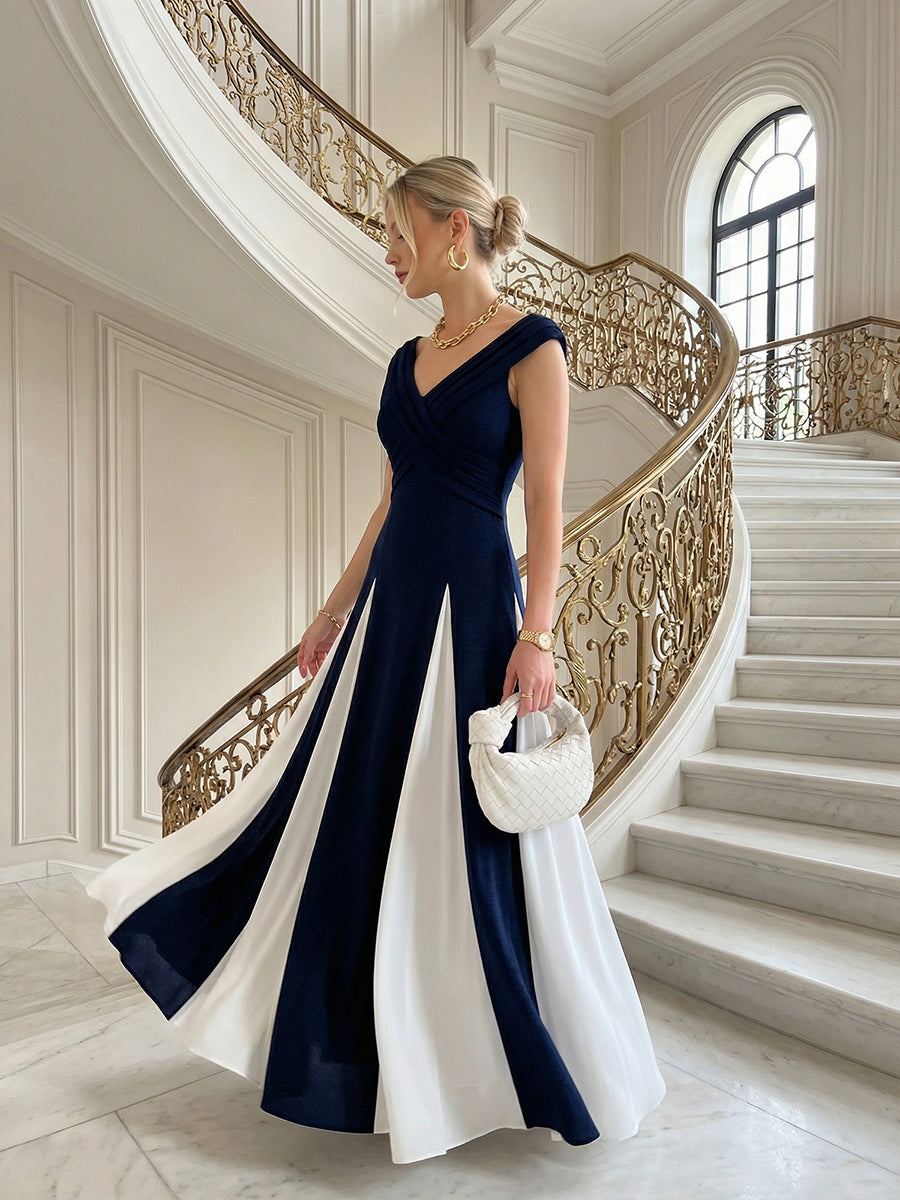 Robe longue à encolure en V à manches courtes avec détails froncés en patchwork #Couleur_Bleu Marine