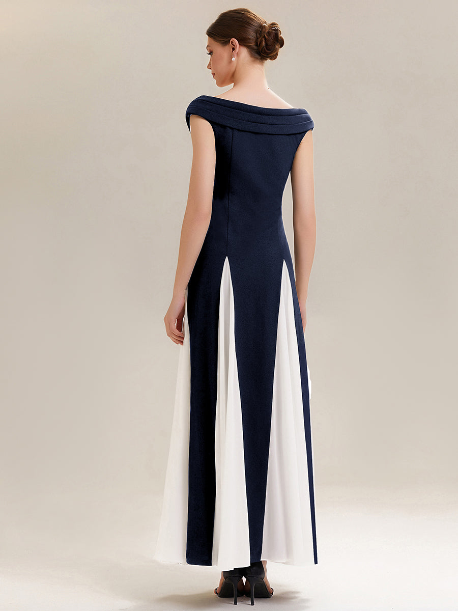 Robe longue à encolure en V à manches courtes avec détails froncés en patchwork #Couleur_Bleu Marine