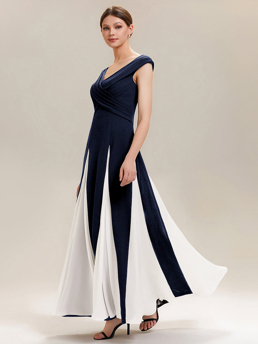 Robe longue à encolure en V à manches courtes avec détails froncés en patchwork #Couleur_Bleu Marine