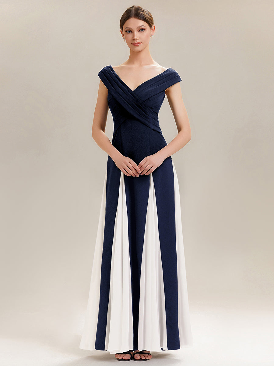 Robe longue à encolure en V à manches courtes avec détails froncés en patchwork #Couleur_Bleu Marine