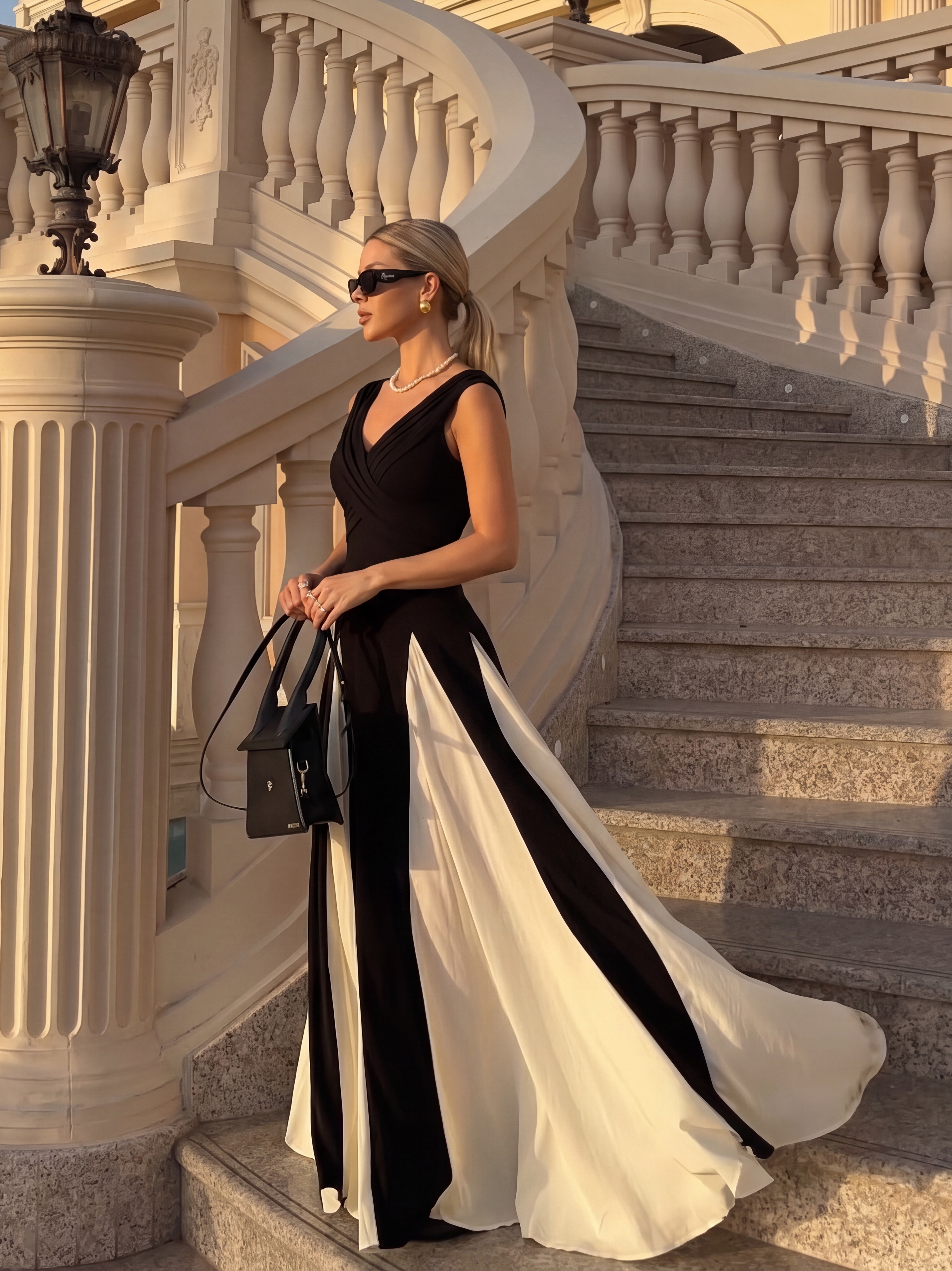 Robe longue à encolure en V à manches courtes avec détails froncés en patchwork #Couleur_Noir d'ivoire