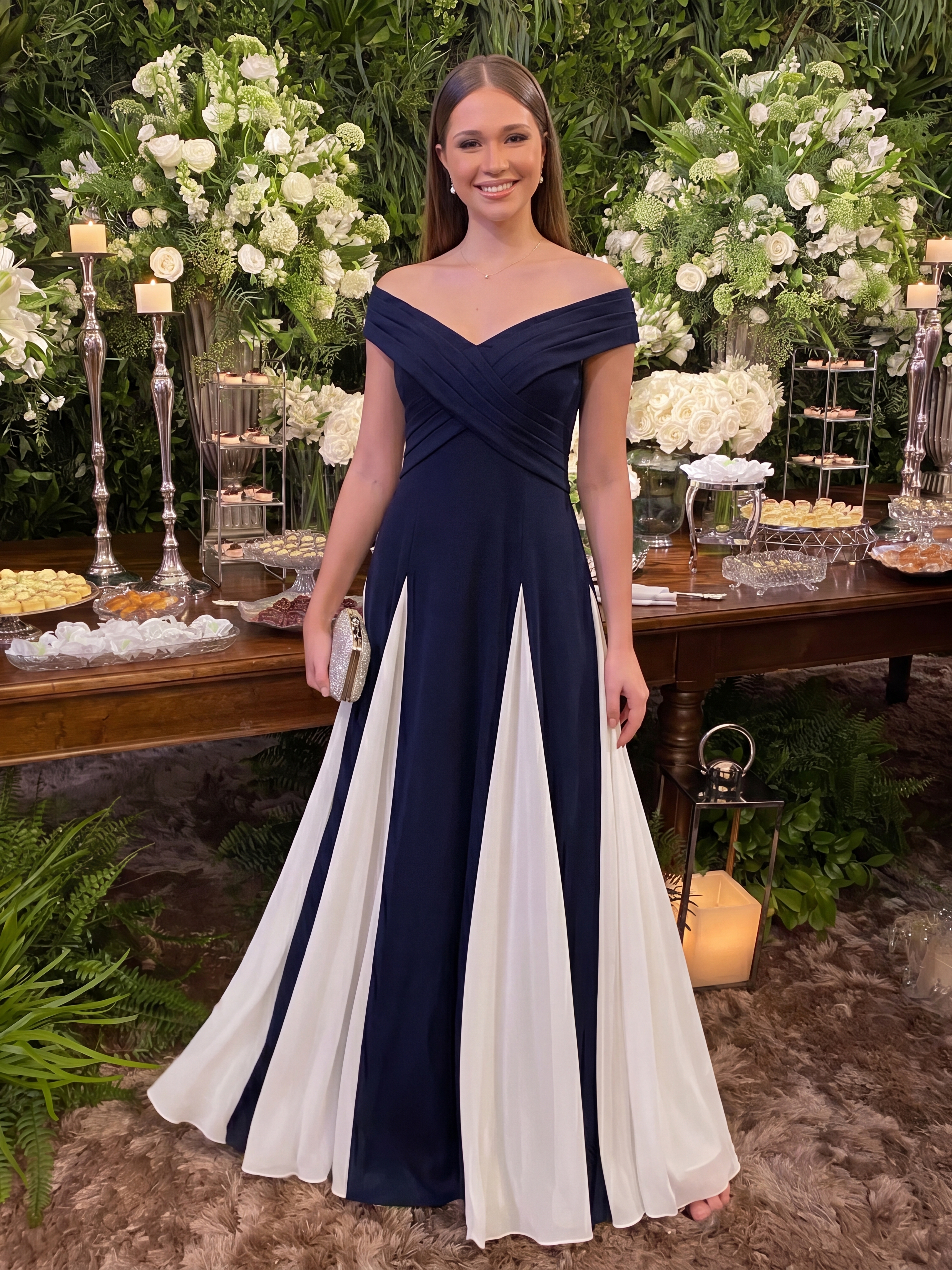 Robe longue à encolure en V à manches courtes avec détails froncés en patchwork #Couleur_Bleu Marine