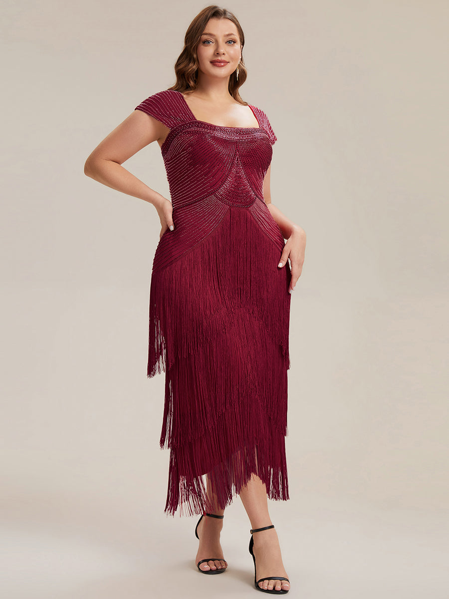 Robe midi sans bretelles en forme de fourreau ornée de perles et de sequins avec décolleté carré #Couleur_Bordeaux