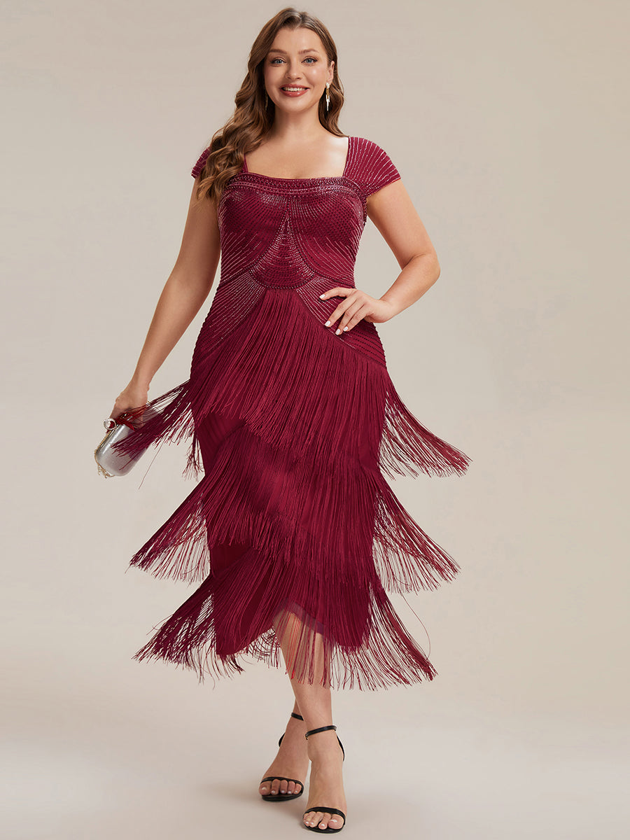 Robe midi sans bretelles en forme de fourreau ornée de perles et de sequins avec décolleté carré #Couleur_Bordeaux