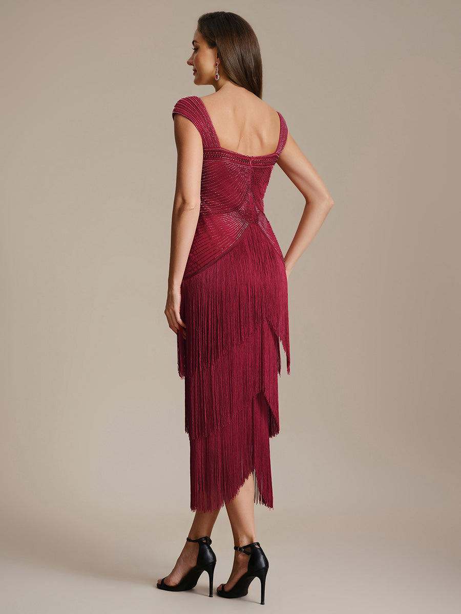 Robe midi sans bretelles en forme de fourreau ornée de perles et de sequins avec décolleté carré #Couleur_Bordeaux