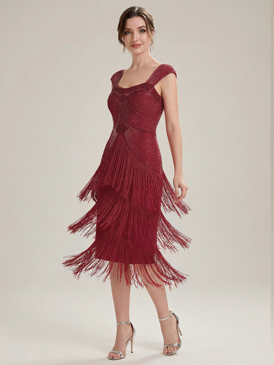 Robe midi sans bretelles en forme de fourreau ornée de perles et de sequins avec décolleté carré #Couleur_Bordeaux