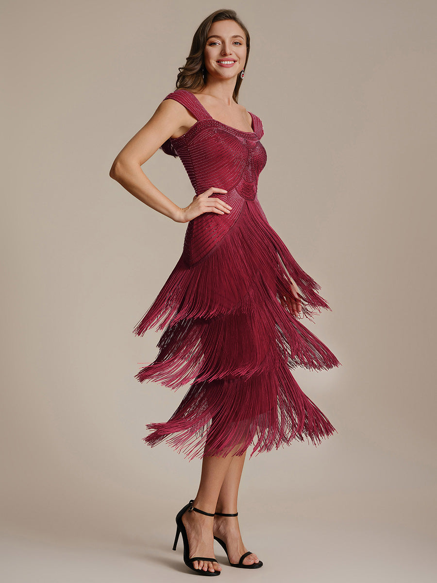 Robe midi sans bretelles en forme de fourreau ornée de perles et de sequins avec décolleté carré #Couleur_Bordeaux