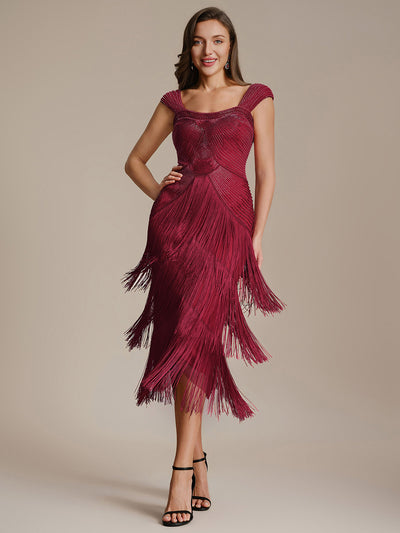 ever LUMINE|Robe midi à bretelles en forme de fourreau ornée de perles et de sequins avec décolleté carré