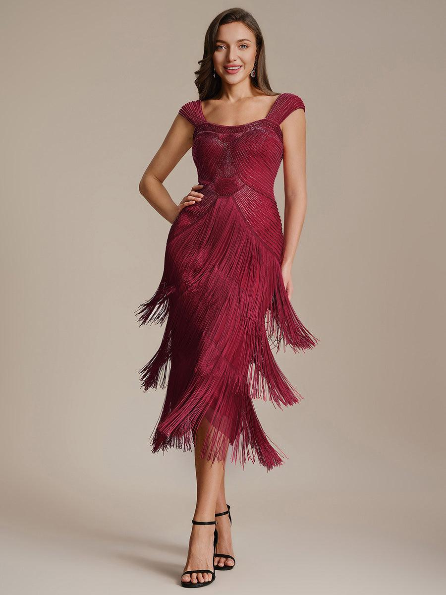 Robe midi sans bretelles en forme de fourreau ornée de perles et de sequins avec décolleté carré #Couleur_Bordeaux