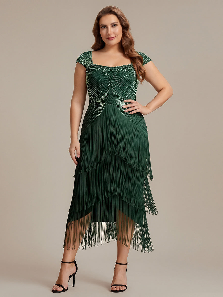 Robe midi sans bretelles en forme de fourreau ornée de perles et de sequins avec décolleté carré #Couleur_Vert Fonce