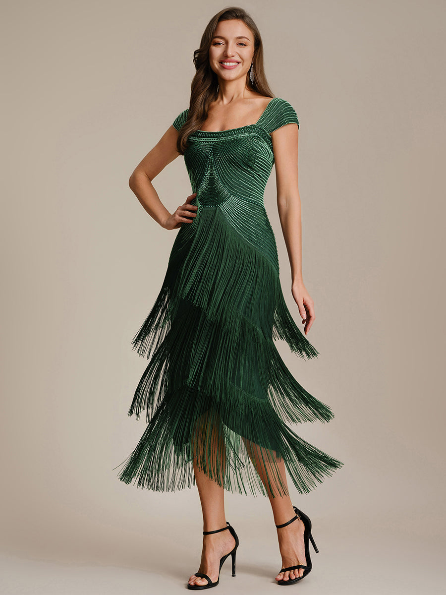 Robe midi sans bretelles en forme de fourreau ornée de perles et de sequins avec décolleté carré #Couleur_Vert Fonce