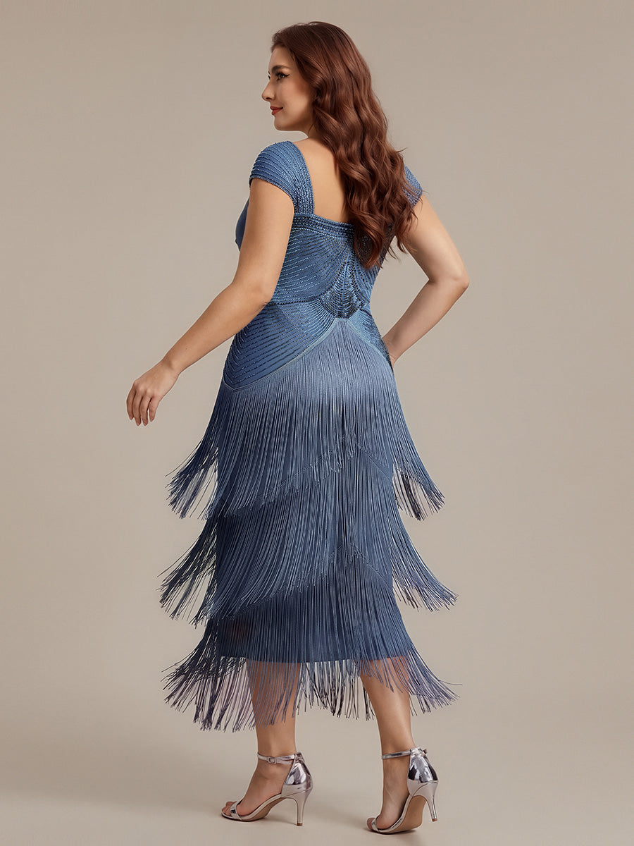 Robe midi sans bretelles en forme de fourreau ornée de perles et de sequins avec décolleté carré #Couleur_Marine Fume