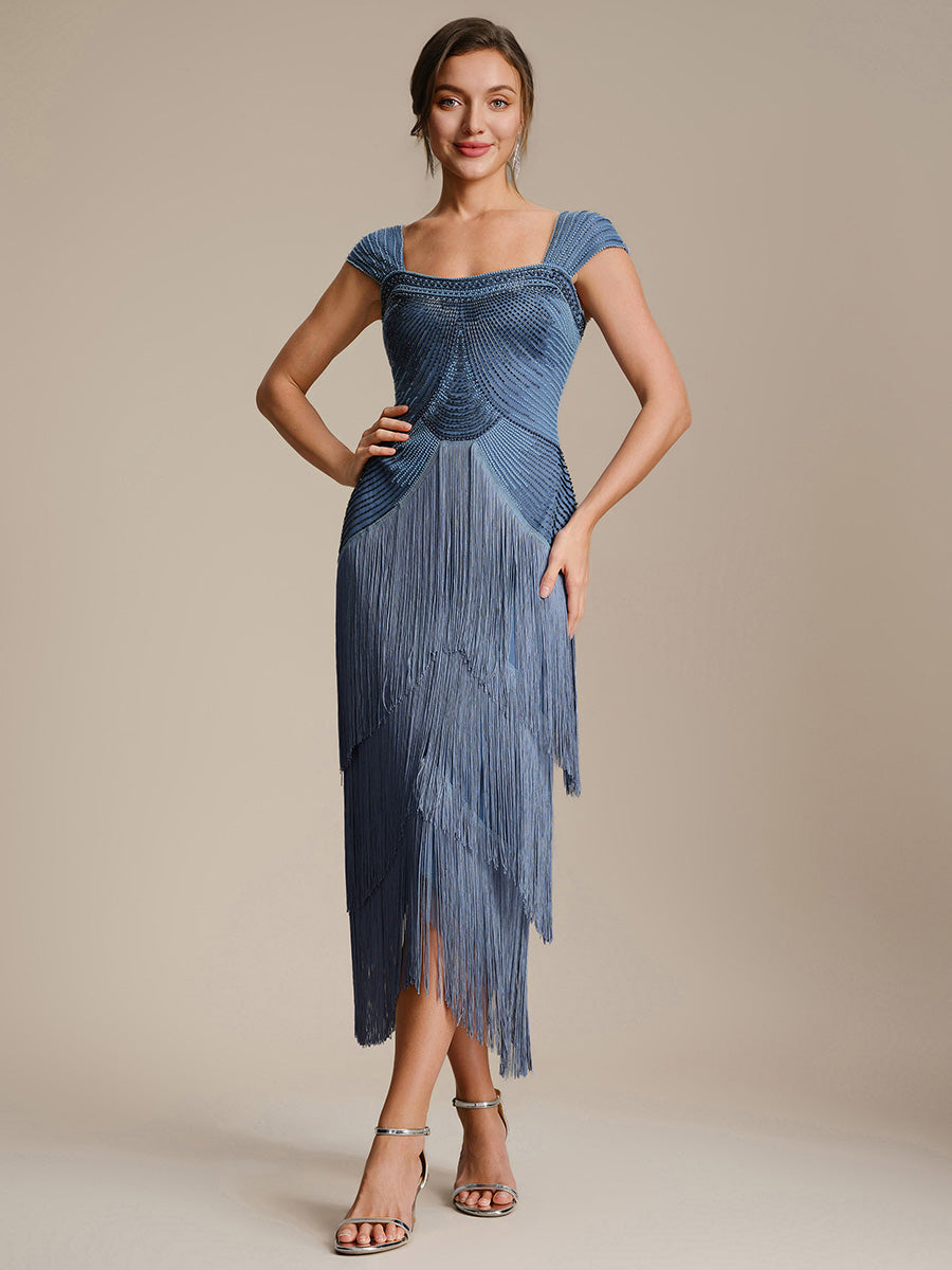 Robe midi sans bretelles en forme de fourreau ornée de perles et de sequins avec décolleté carré #Couleur_Marine Fume