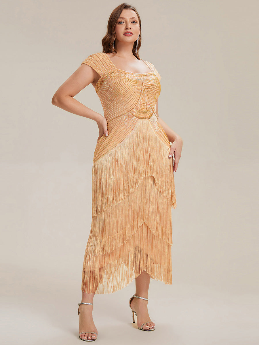 Robe midi sans bretelles en forme de fourreau ornée de perles et de sequins avec décolleté carré #Couleur_Dorée