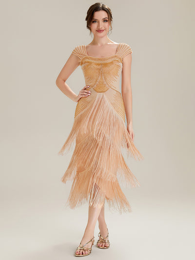 ever LUMINE|Robe midi à bretelles en forme de fourreau ornée de perles et de sequins avec décolleté carré