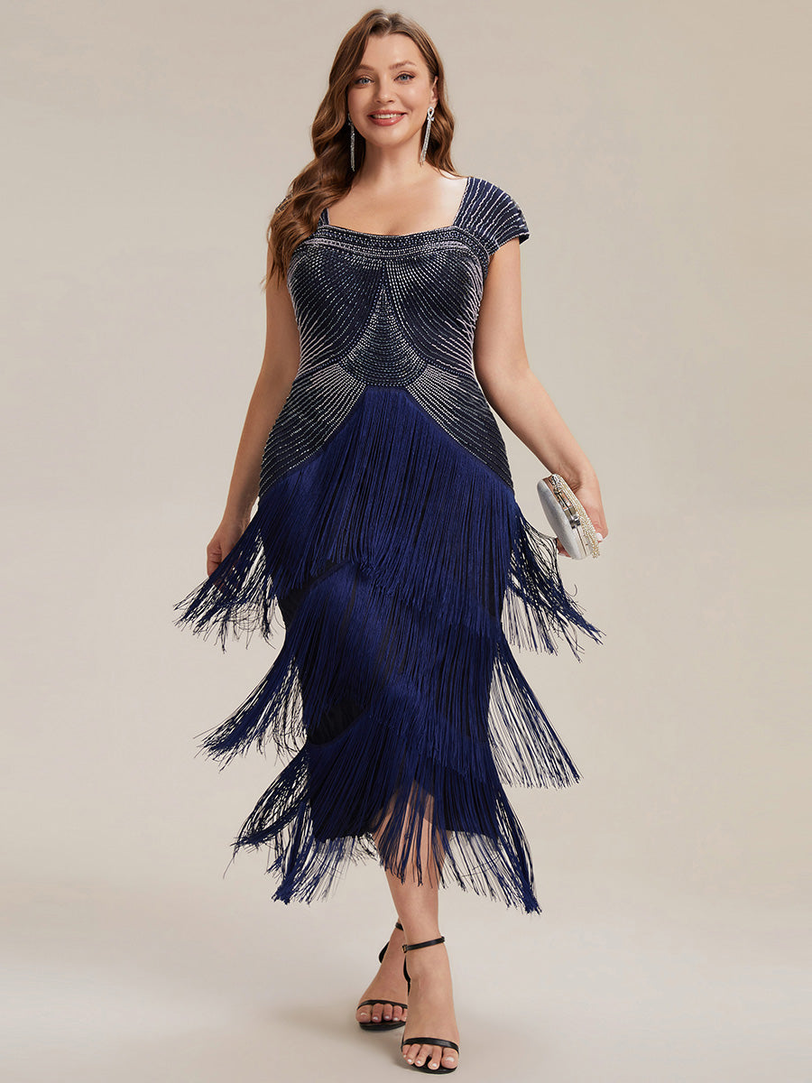 Robe midi sans bretelles en forme de fourreau ornée de perles et de sequins avec décolleté carré #Couleur_Bleu Marine