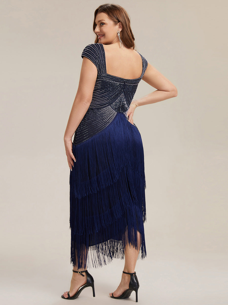 Robe midi sans bretelles en forme de fourreau ornée de perles et de sequins avec décolleté carré #Couleur_Bleu Marine