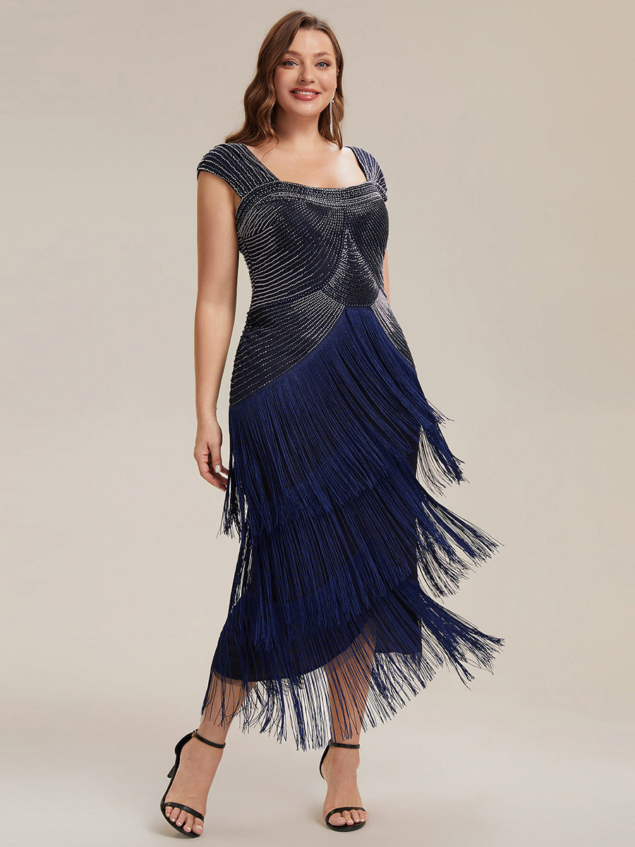 Robe midi sans bretelles en forme de fourreau ornée de perles et de sequins avec décolleté carré #Couleur_Bleu Marine