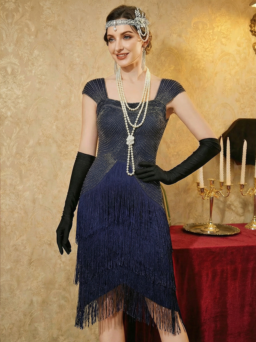 Robe midi sans bretelles en forme de fourreau ornée de perles et de sequins avec décolleté carré #Couleur_Bleu Marine