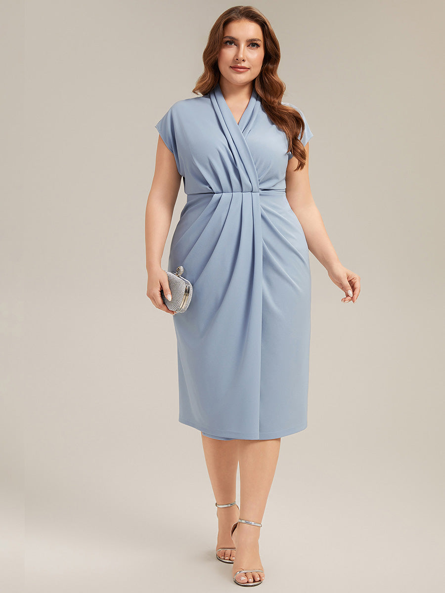 Robe moulante à manches courtes en haute élasticité avec décolleté en V profond et détail froncé #Couleur_Bleu Glace