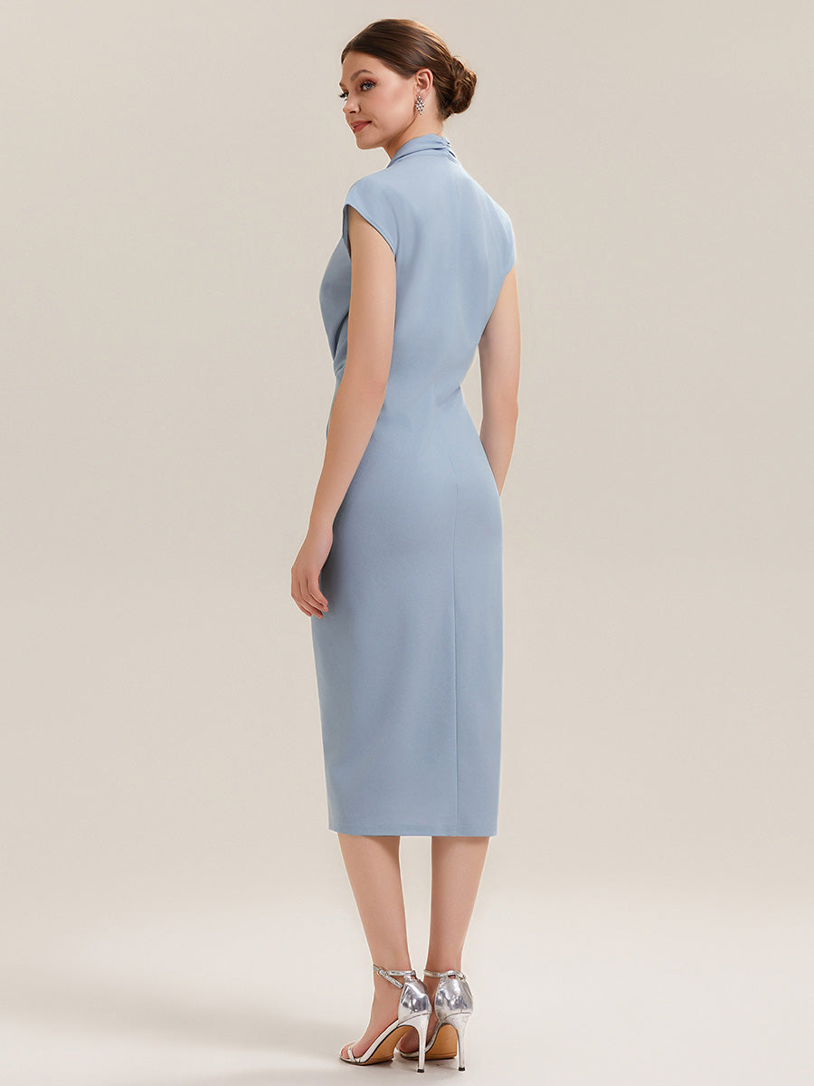 Robe moulante à manches courtes en haute élasticité avec décolleté en V profond et détail froncé #Couleur_Bleu Glace