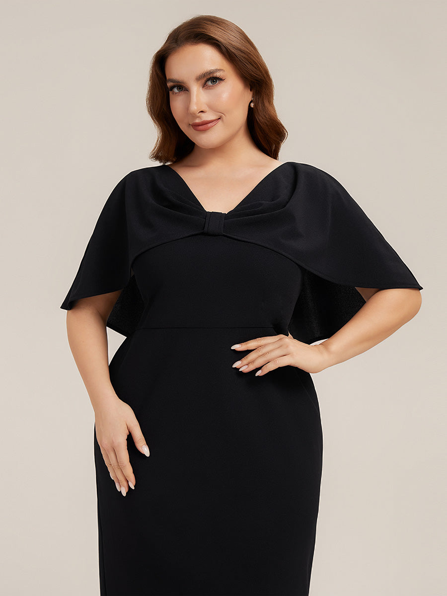 Robe moulante à manches mi-longues en stretch avec châle et col rond longueur genou #Couleur_Noir