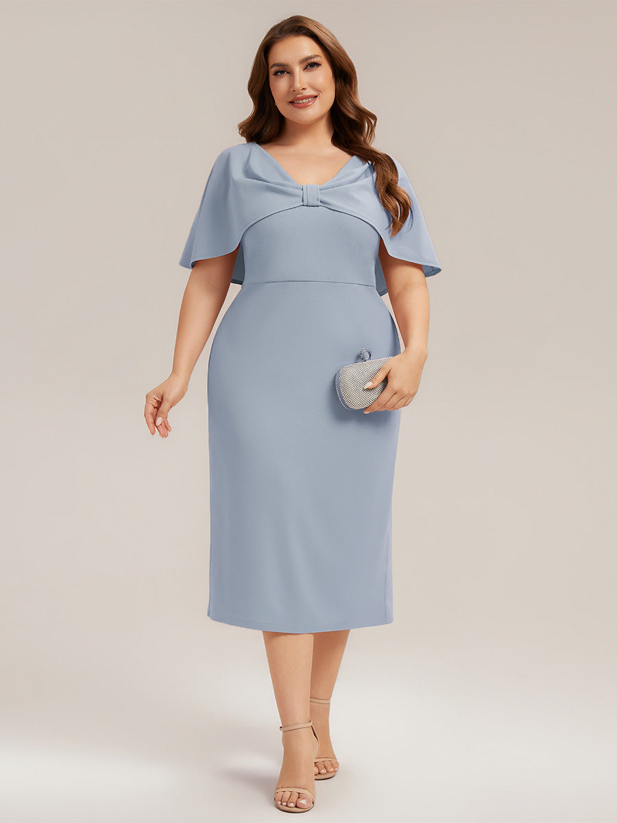 Robe moulante à manches mi-longues en stretch avec châle et col rond longueur genou #Couleur_Bleu Glace