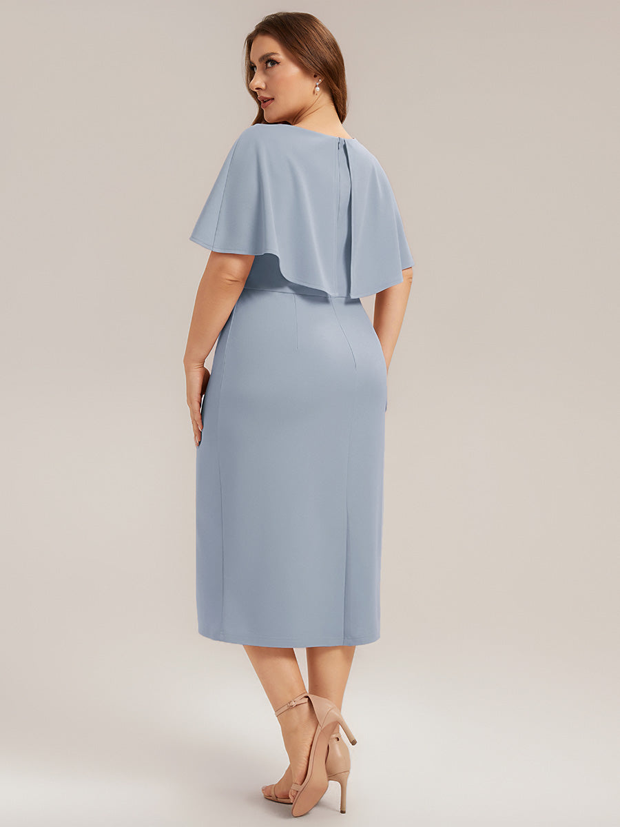 Robe moulante à manches mi-longues en stretch avec châle et col rond longueur genou #Couleur_Bleu Glace