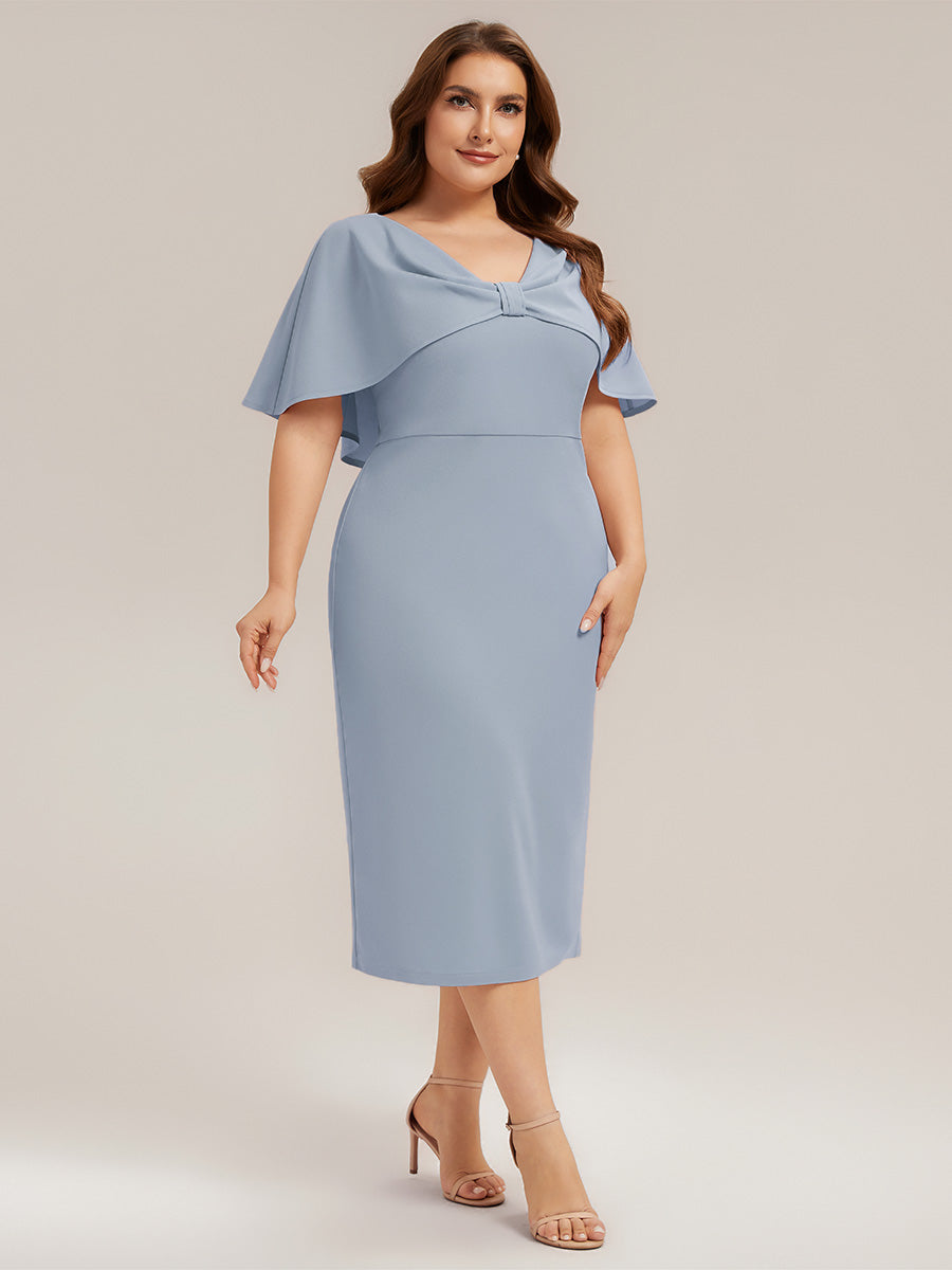 Robe moulante à manches mi-longues en stretch avec châle et col rond longueur genou #Couleur_Bleu Glace