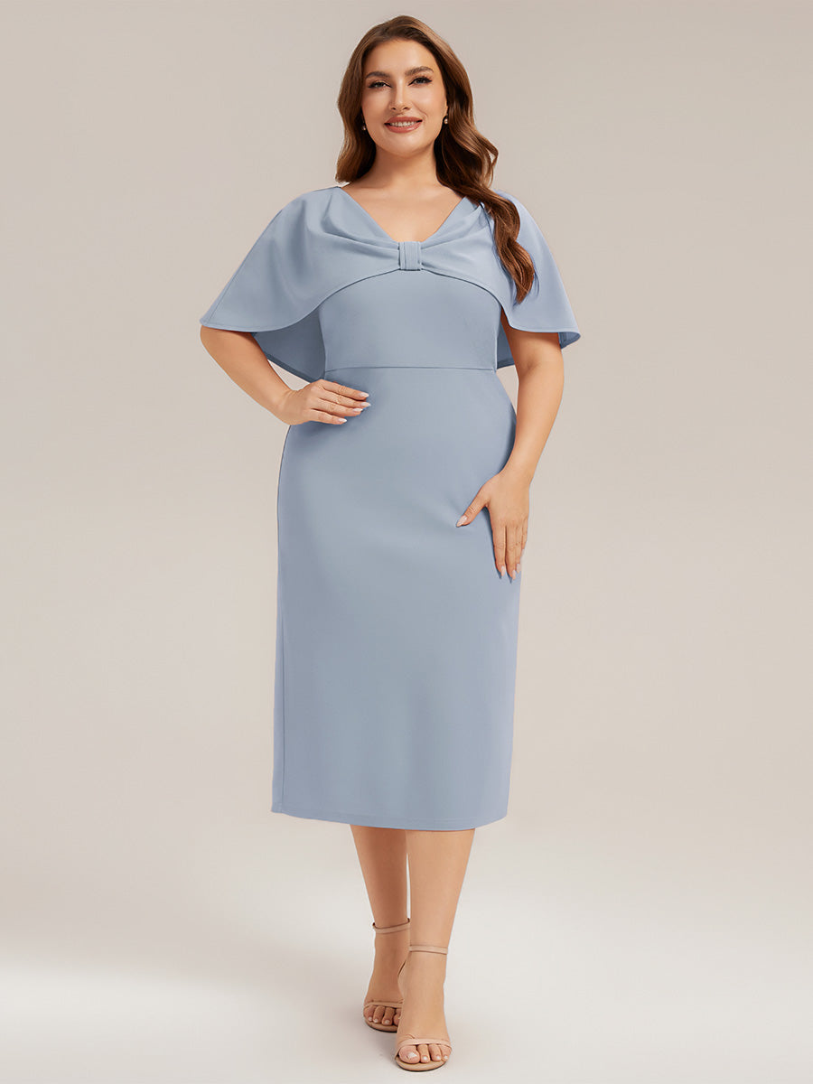 Robe moulante à manches mi-longues en stretch avec châle et col rond longueur genou #Couleur_Bleu Glace