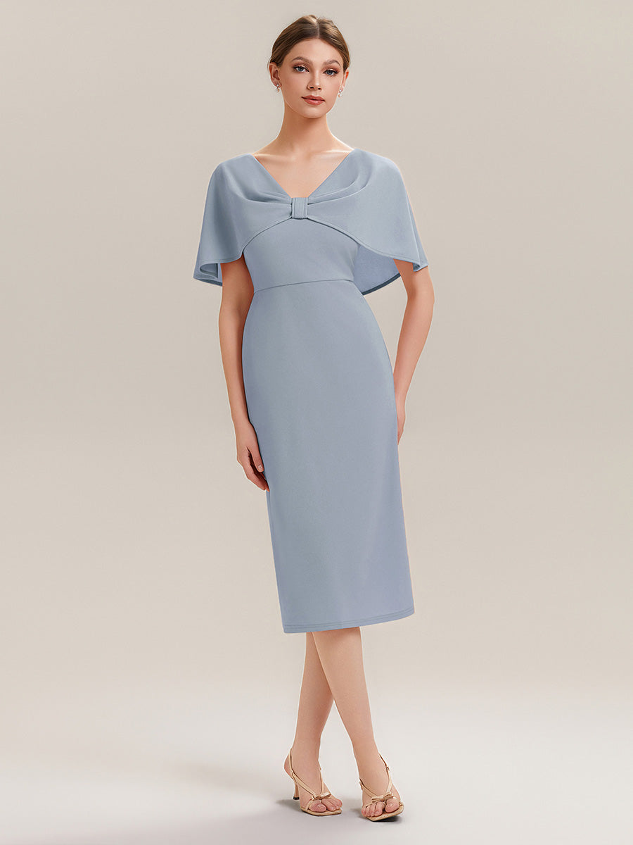 Robe moulante à manches mi-longues en stretch avec châle et col rond longueur genou #Couleur_Bleu Glace
