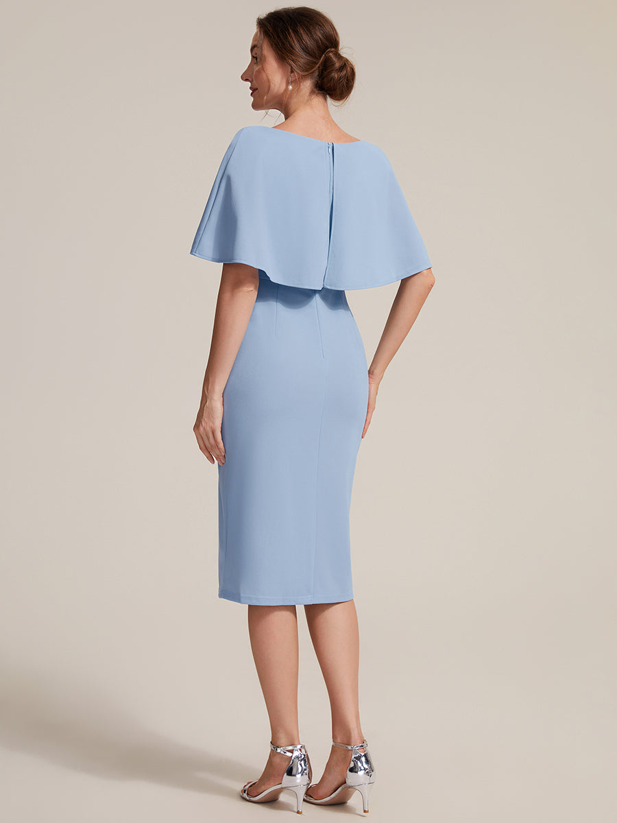 Robe moulante à manches mi-longues en stretch avec châle et col rond longueur genou #Couleur_Bleu Glace