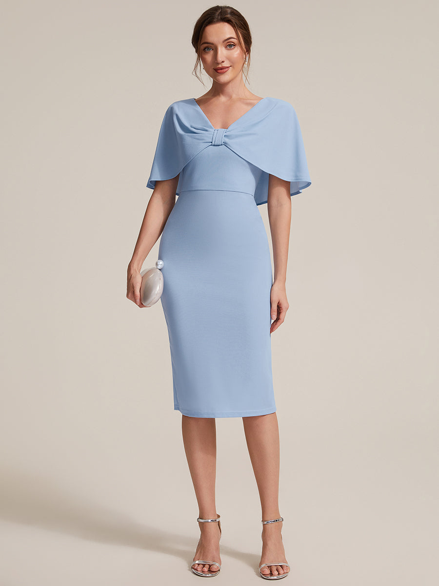 Robe moulante à manches mi-longues en stretch avec châle et col rond longueur genou #Couleur_Bleu Glace