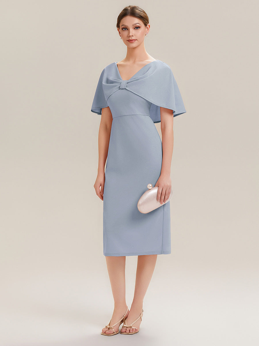 Robe moulante à manches mi-longues en stretch avec châle et col rond longueur genou #Couleur_Bleu Glace