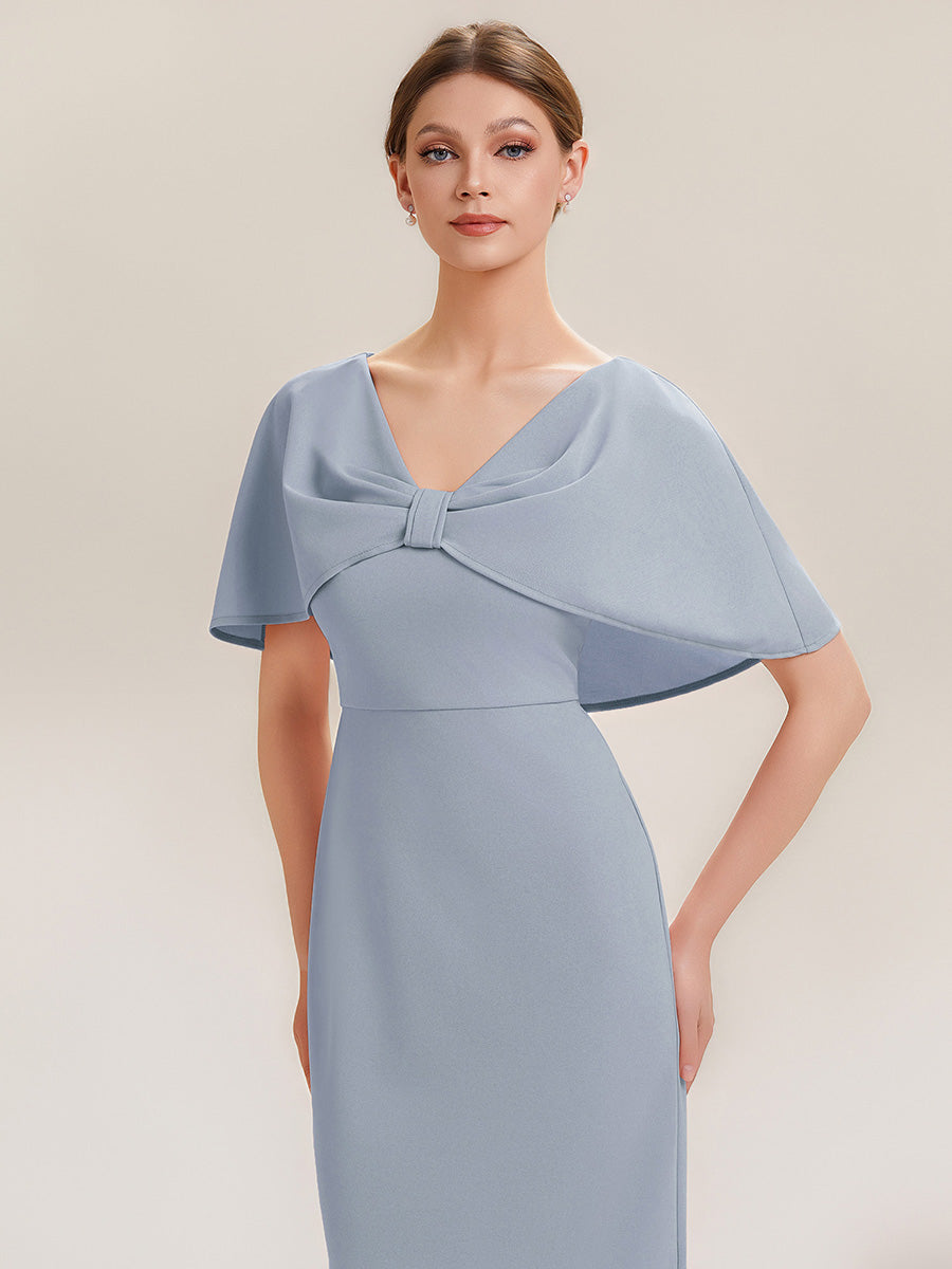Robe moulante à manches mi-longues en stretch avec châle et col rond longueur genou #Couleur_Bleu Glace