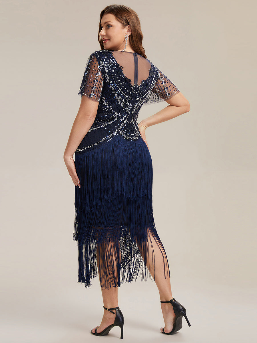 robe midi à manches courtes avec volants et col rond ornée de patchwork en perles #Couleur_Bleu Marine