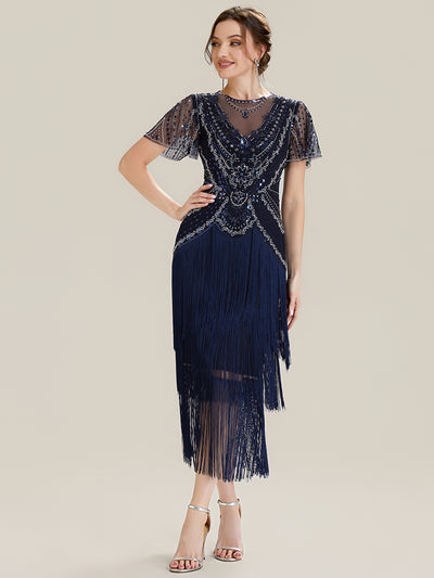 ever SOIREE|Robe midi à manches courtes avec volants et col rond ornée de patchwork en perles