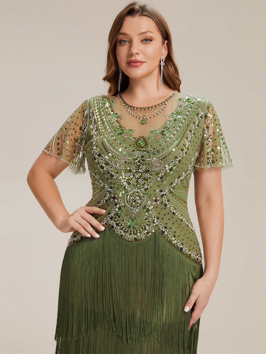 robe midi à manches courtes avec volants et col rond ornée de patchwork en perles #Couleur_Vert Olive