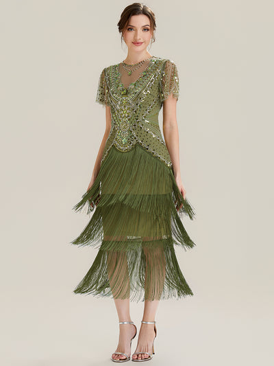 ever SOIREE|Robe midi à manches courtes avec volants et col rond ornée de patchwork en perles