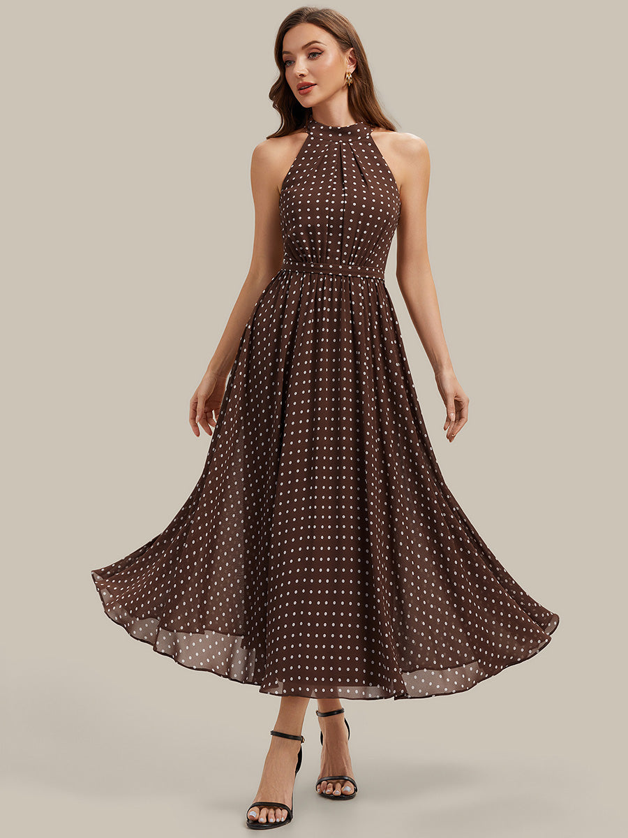 Robe midi A ligne à pois plissée sans bretelles et à col halter #Couleur_Pois Marrons