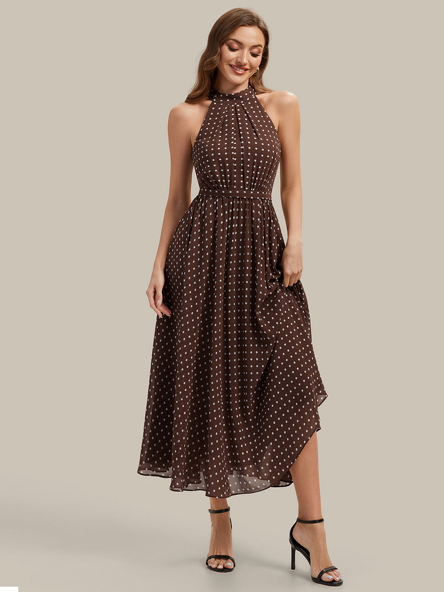 Robe midi A ligne à pois plissée sans bretelles et à col halter #Couleur_Pois Marrons
