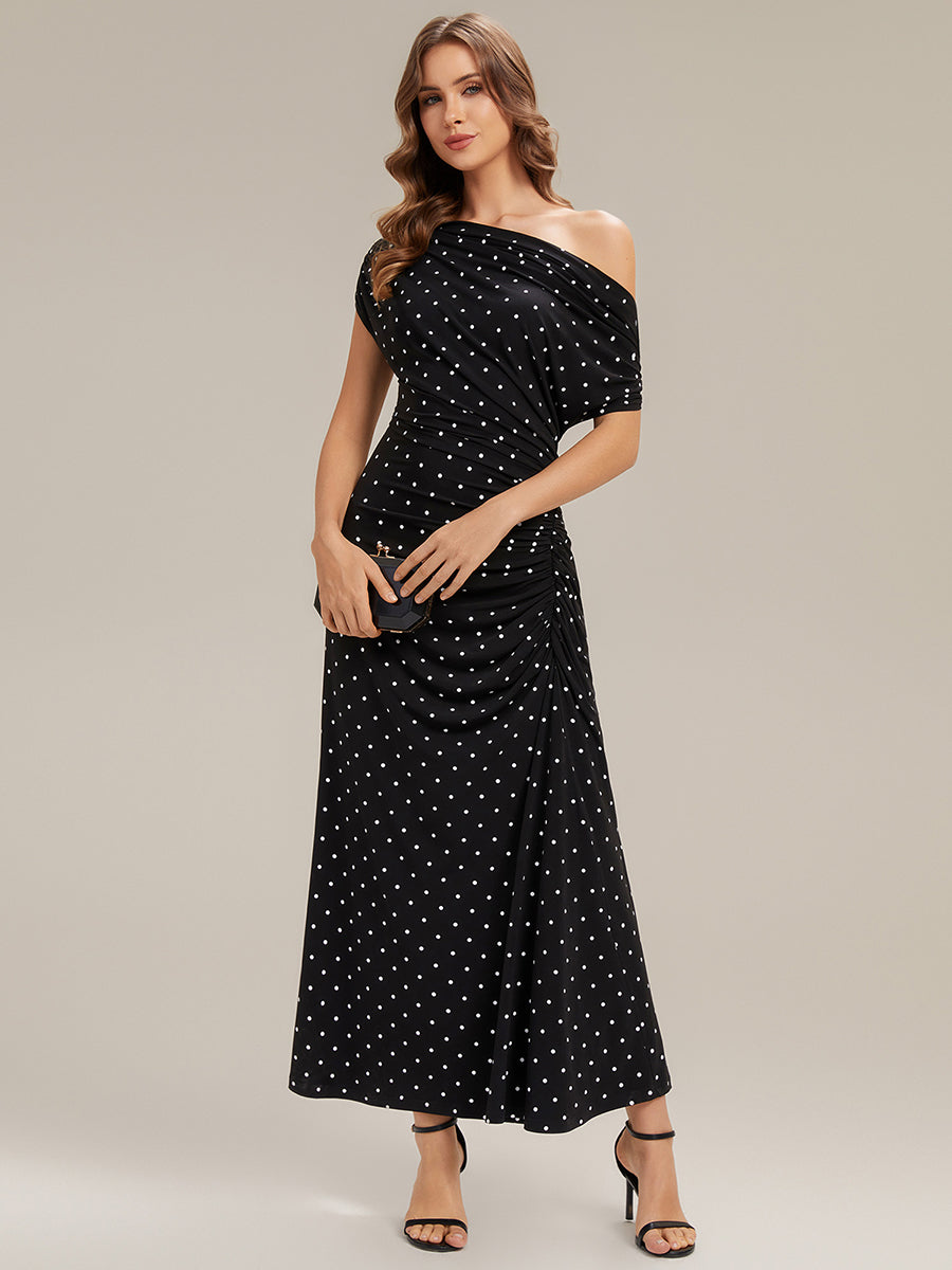 robe maxi ajustée à pois asymétriques à manches courtes et haute élasticité #Couleur_Noir à pois