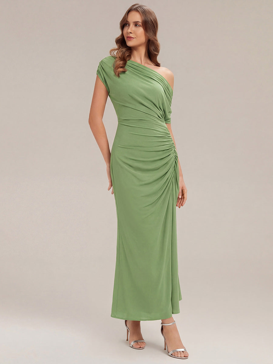 robe maxi ajustée à pois asymétriques à manches courtes et haute élasticité #Couleur_Vert sauge